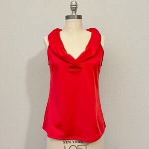 GRETCHEN SCOTT Ruffled Neck Top Red Pullover Sleeveless Stretch Jersey